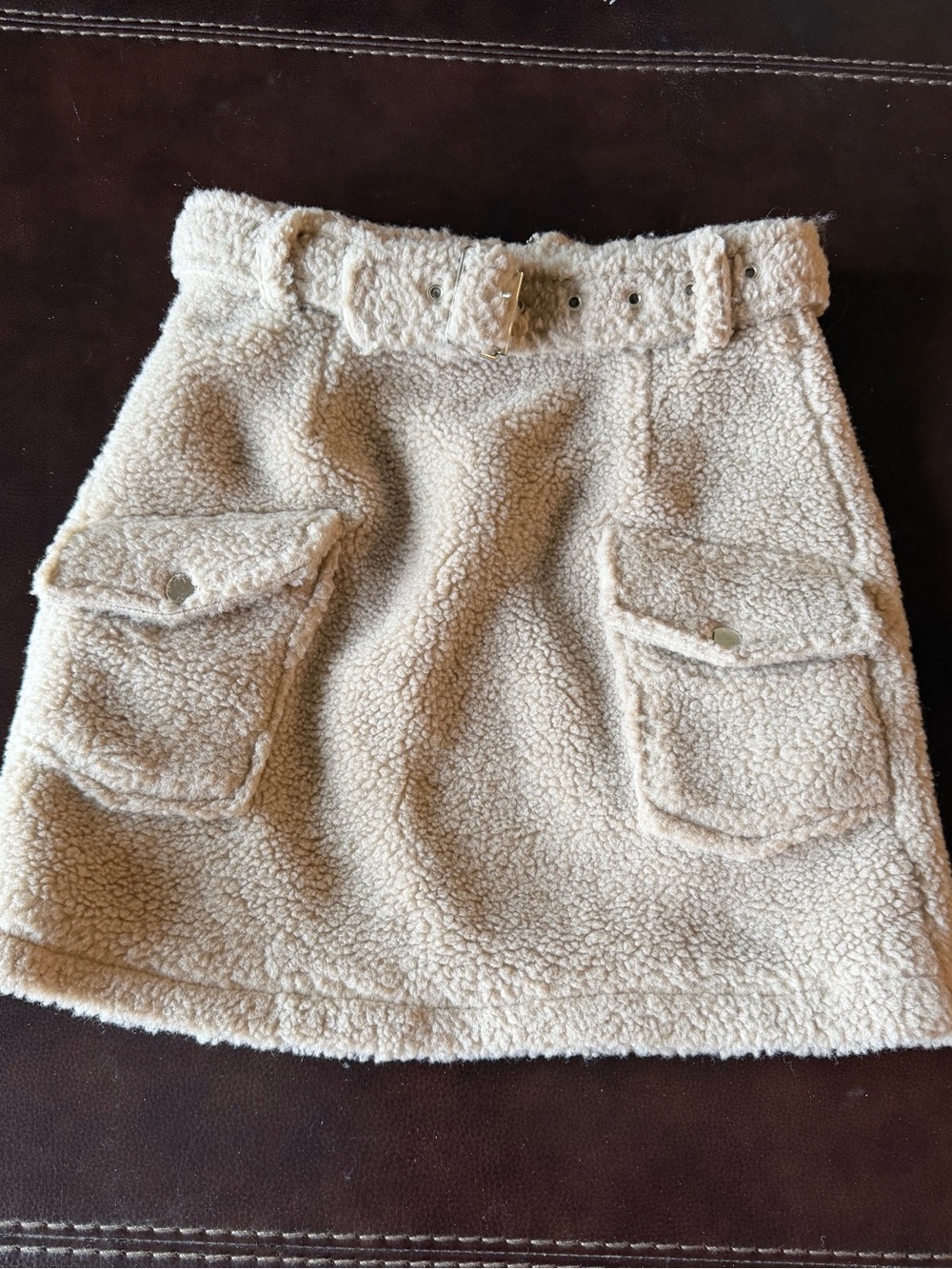 Manière De Voir Cream Sherpa Teddy Cargo Mini Skirt Belt XS